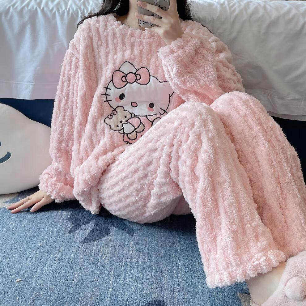 诗莉奥(SHILIAO)珊瑚绒睡衣女冬季加厚长袖套头家居服套装女装 卡通猫-粉色套装 均码 155-175/80-105CM