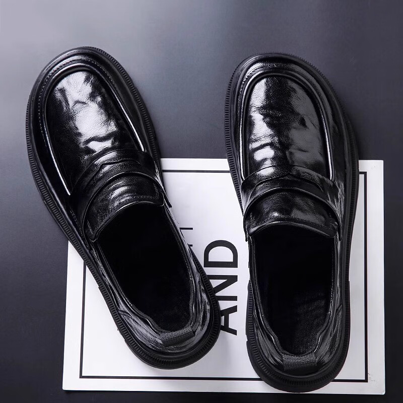 Walker Shop男士高端皮鞋男软羊皮大头商务通勤皮鞋新款厚底增高一脚蹬乐福鞋 黑色系带款 【品牌男鞋 礼盒包装】 40