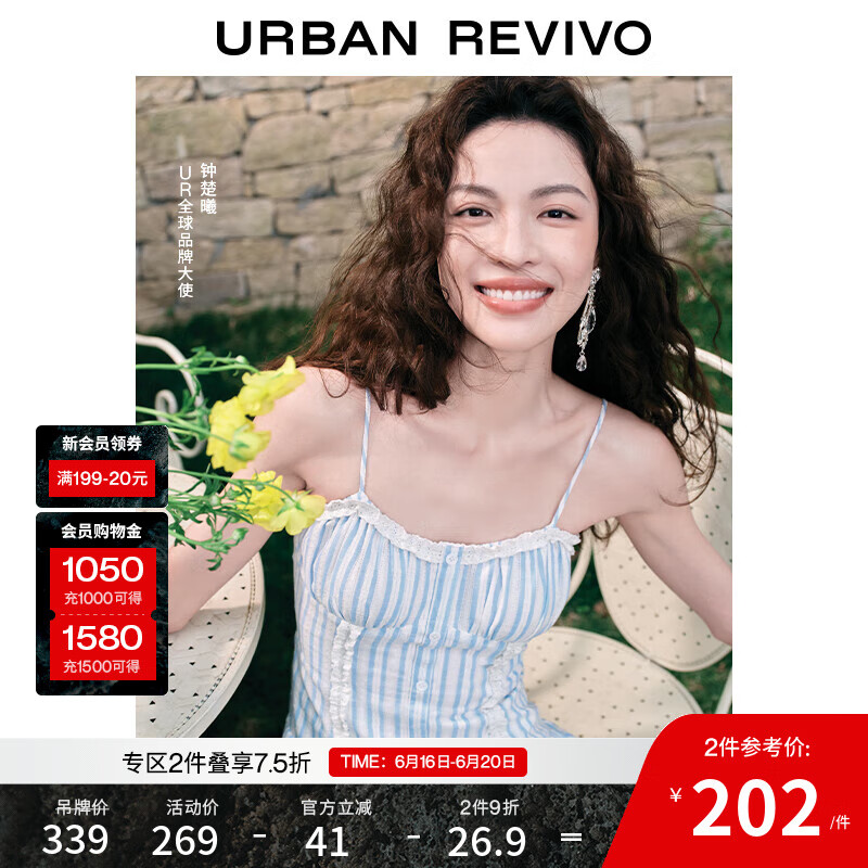 UR【钟楚曦同款】2025夏季新款女装波嬉风蕾丝条连衣裙UYL750037 蓝色条纹 S