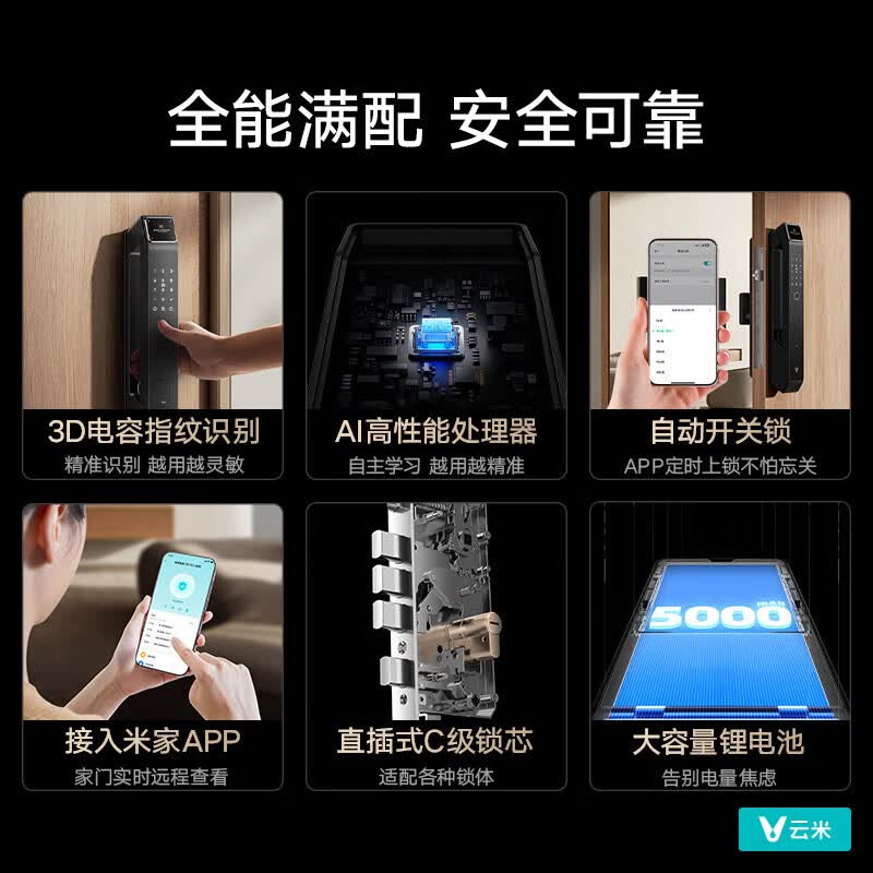 云米(VIOMI)智能门锁蓝调3A指纹锁密码锁出租屋家用电子锁LBT11C 7种开锁方式
