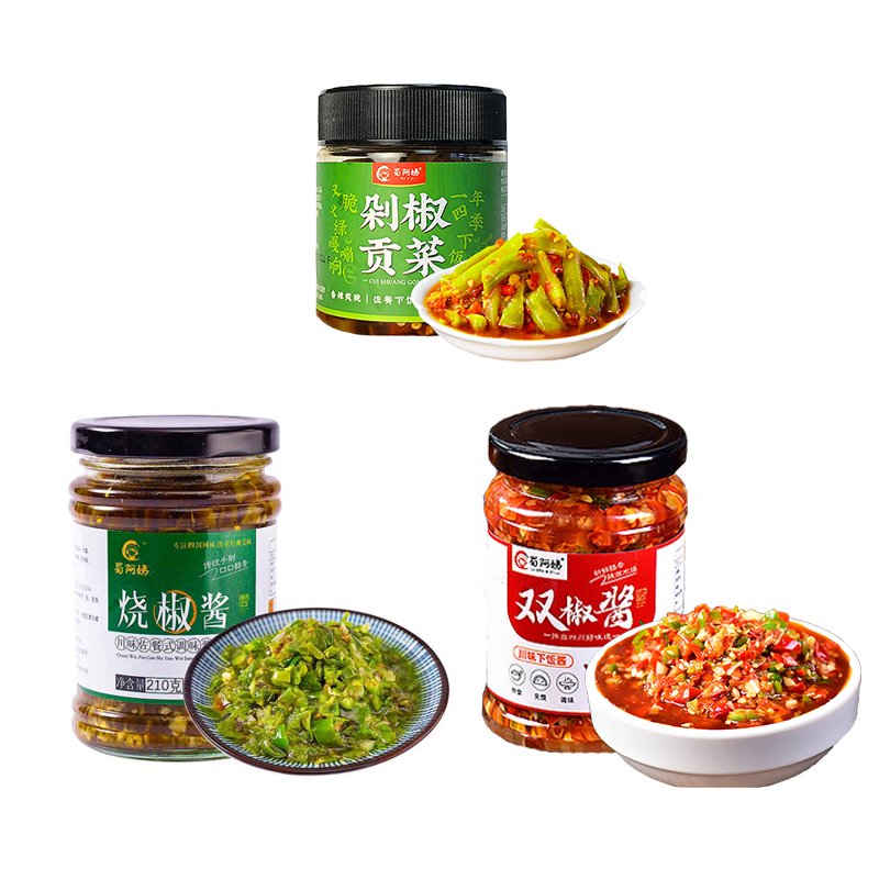 蜀阿姨雙椒醬蒜蓉辣椒醬四川特產(chǎn)湖南剁椒貢菜手工自制拌飯醬即食下飯菜 雙椒醬210克*1瓶+燒椒醬210克*1