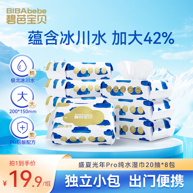 碧芭宝贝盛夏光年纯水湿巾20抽*8包 冰川水外出便携装温和清洁湿纸巾箱装