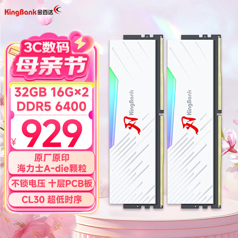 金百达（KINGBANK）32GB(16GBX2)套装 DDR5 6400 台式机内存条海力士A-die颗粒 白刃RGB灯条 C30 Deepseek硬件