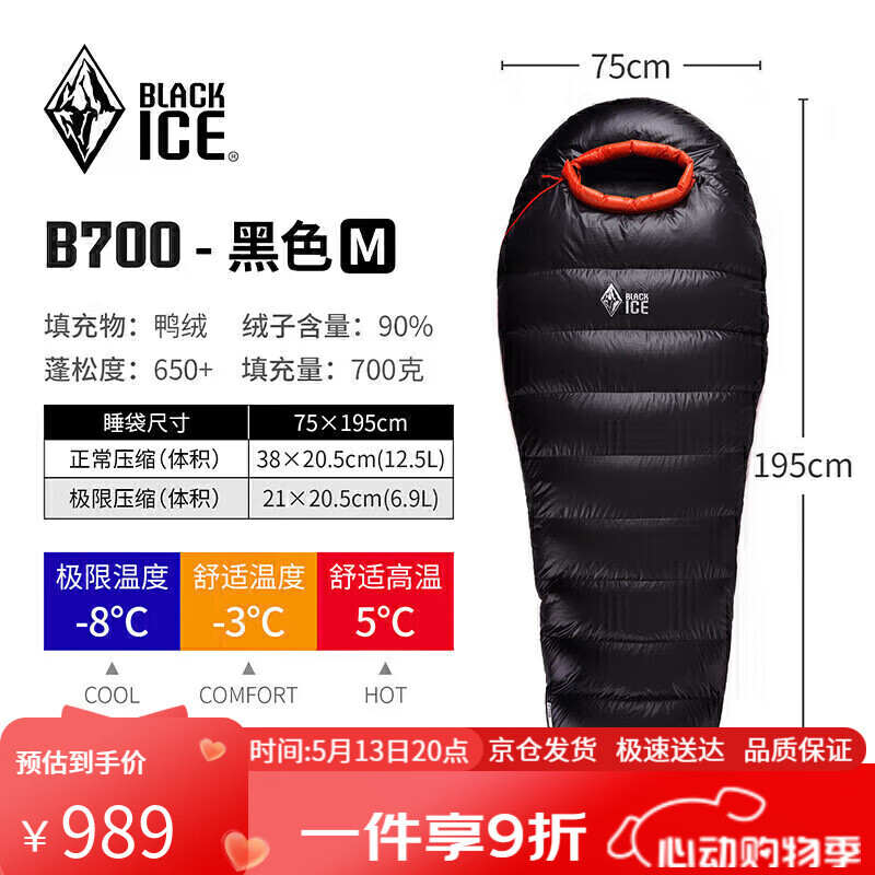 黑冰（BLACKICE）B系列鸭绒木乃伊式羽绒睡袋露营羽绒睡袋B700（新标准）/黑色/M