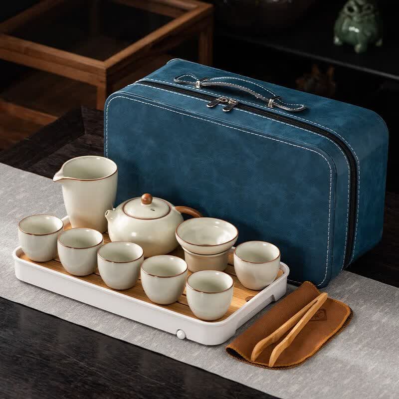 韵化汝窑黄旅行茶具套装功夫茶杯茶壶盖碗公司商务开业送礼印制lo 10头汝窑黄（西施款）+旅行蓝包巾夹-带盘