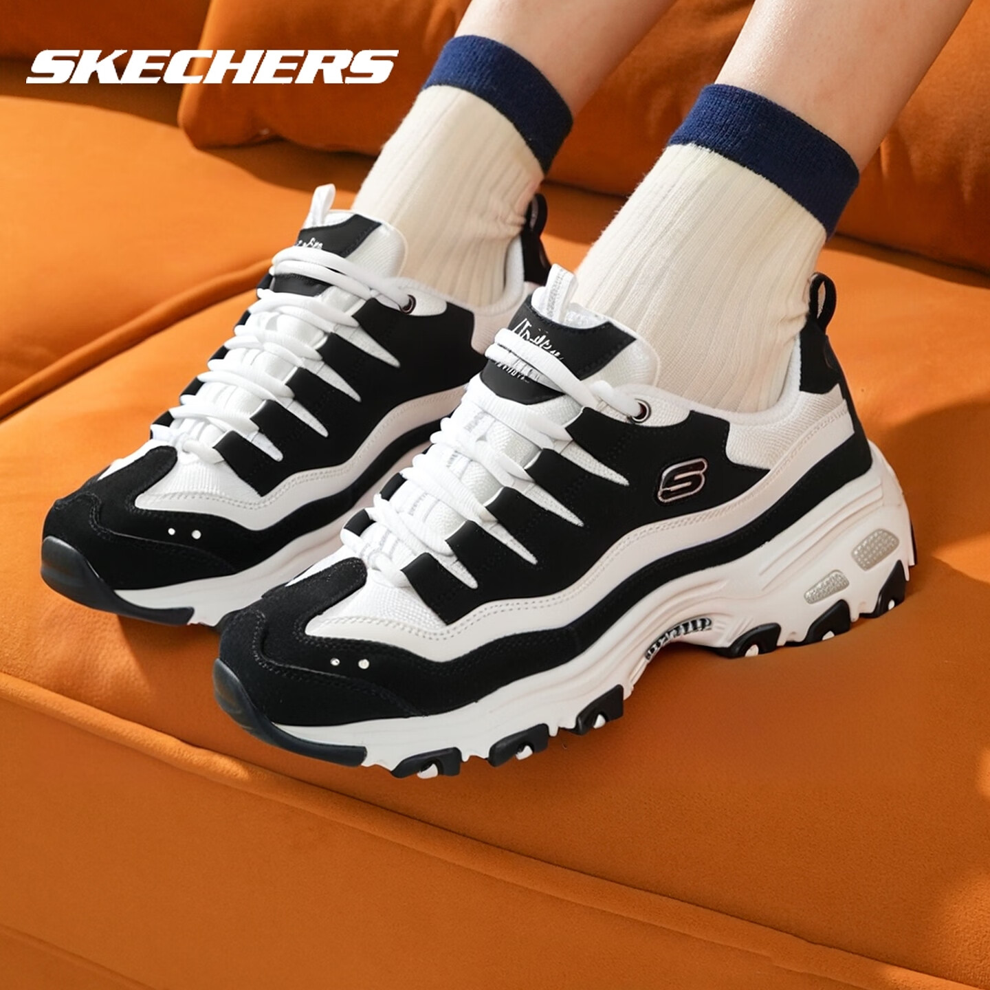 斯凯奇（Skechers）女鞋春夏季2025新款黑白熊猫鞋厚底增高老爹鞋轻便休闲鞋运动鞋女 13141-BKW 35
