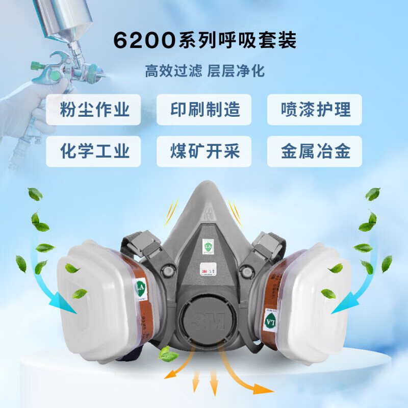 3M防毒面具喷漆粉尘滤毒盒化工口罩有机气体防护工业滤棉面罩PSD 6200+6001七件套(防有机气体及蒸气)