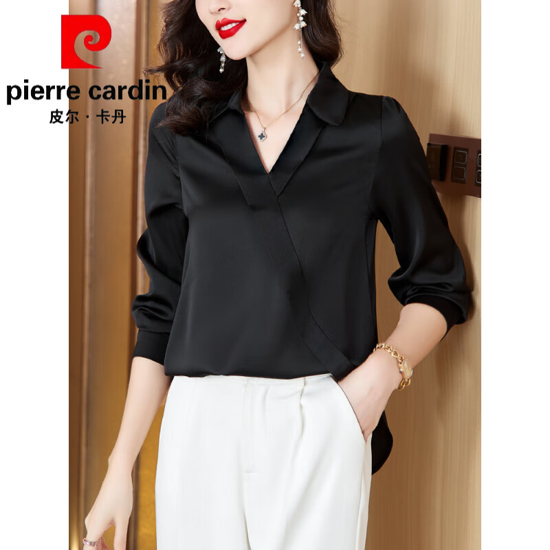 皮尔卡丹(pierre cardin)高端品牌醋酸衬衣女长袖真丝白色衬衫秋装新款设计感小众别致打底 皮尔卡丹 黑色 2XL