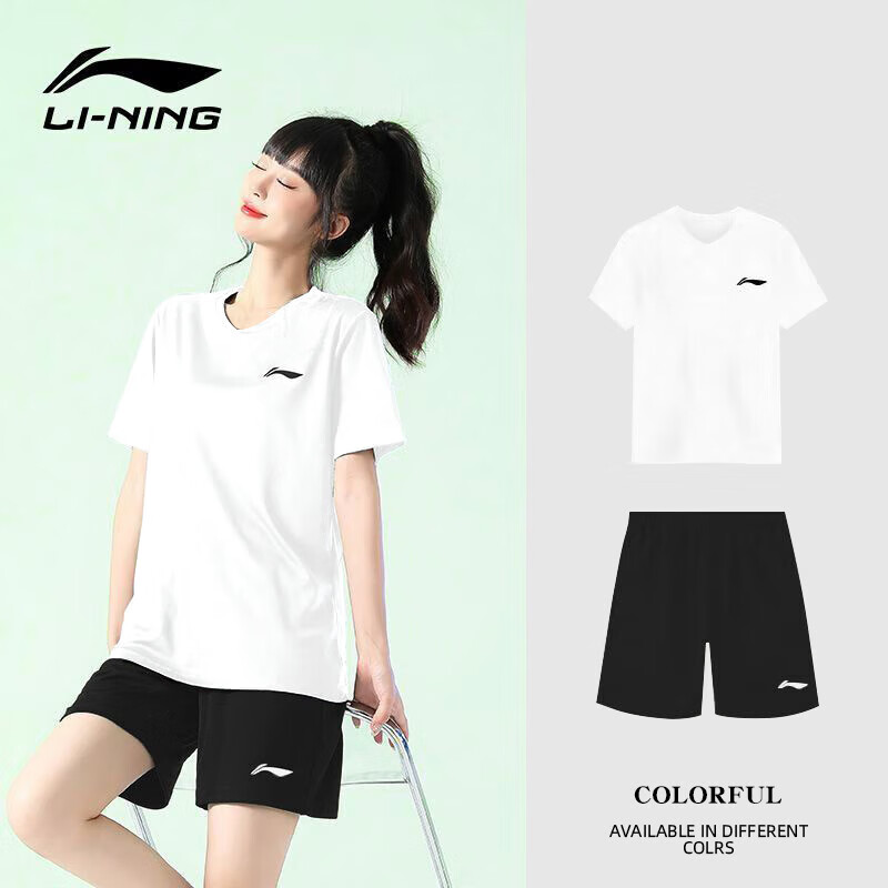 李宁（LI-NING）套装女短袖跑步短袖t恤运动夏季户外训练速干衣宽松大码五分短袖 速干短袖+速干短裤 M(平时穿L建议拍)