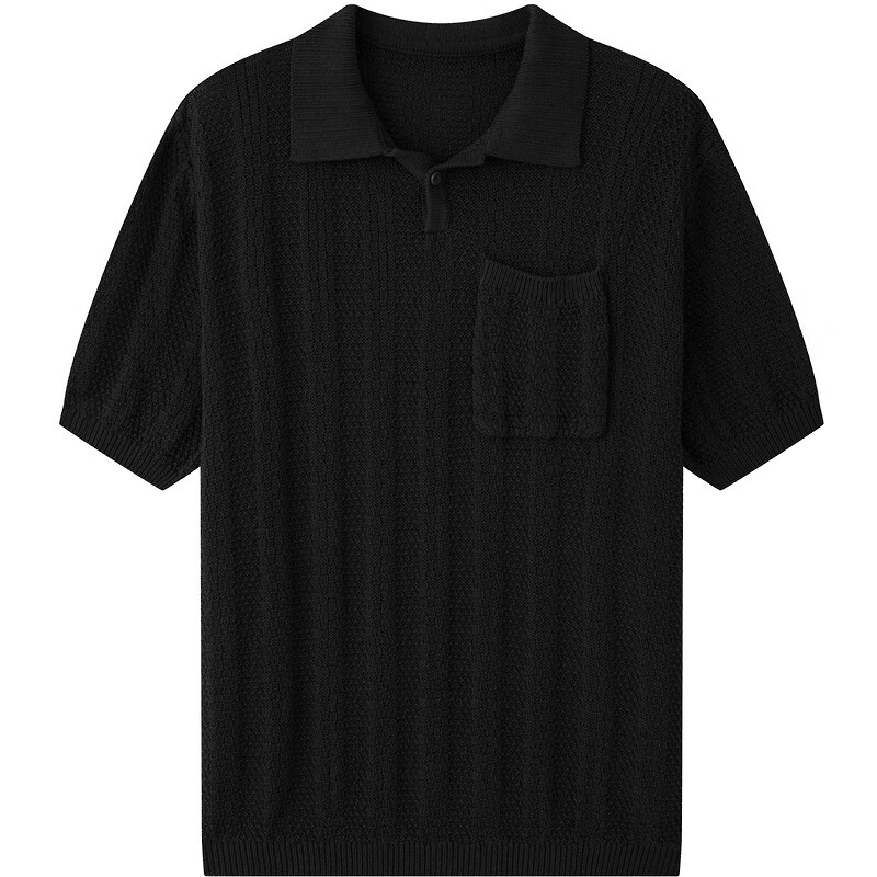 RIVERSTONE流石男装休闲假两件针织衫POLO衫2025年夏季男款vibe复古短袖T恤 黑色 XS /160