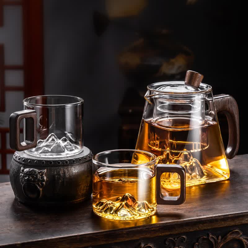胖东来同款德国进口品质观山玻璃茶具套装茶壶盘耐热泡茶壶公道杯 茶盘套透明木柄观山壶+公 9件