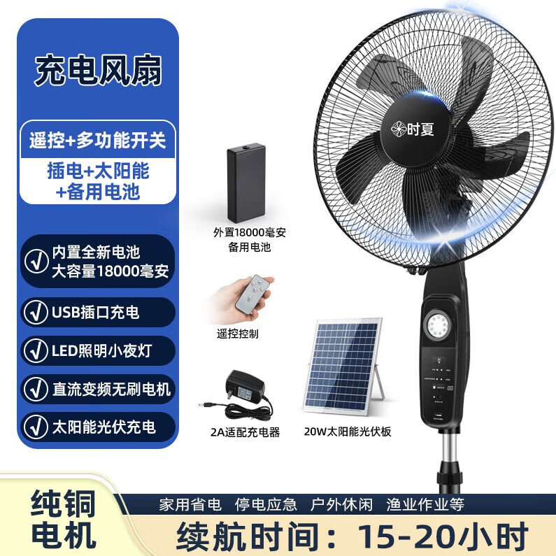 时夏2025新款太阳能风扇家用直流变频大功率落地扇户外超长续航电风扇 遥控款插电+太阳能+内置+外置电池18000毫安