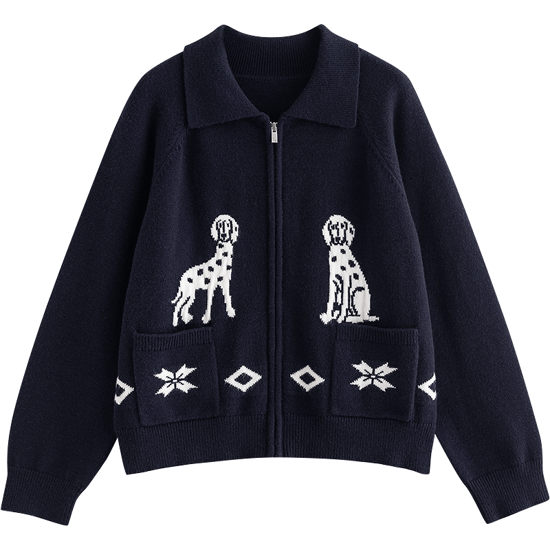 初語(yǔ)毛衣女2025秋季新款開(kāi)衫外套斑點(diǎn)犬提花減齡藏青色復(fù)古針織衫 藏青 XL