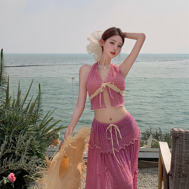 九寸阳光泳衣女新款比基尼三件套绝美长裙度假纯欲高级感性感温泉游泳海边 粉色 【上衣+三角内裤+裙子】 均码 /推荐体重120斤内