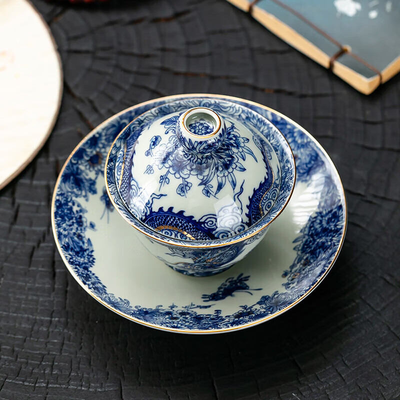 京峰阁 茶具三才盖碗套装 景德镇陶瓷青花瓷高档泡茶碗家用办公室送礼物 鱼化龙纳福三才盖碗180ml