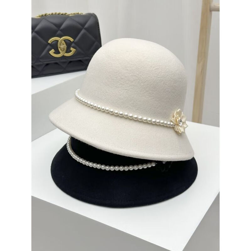 【优选直发】珍珠花朵毛呢渔夫帽子女秋冬法式复古显脸小盆帽优雅 珍珠花朵-黑色 M（56-58cm