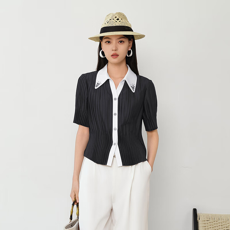 芭蒂娜（BADINA）【商场同款】芭蒂娜撞色气质压褶衬衫女2025夏季新款高级感上衣 黑色 L