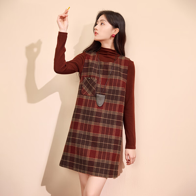 香影（xiangying）減齡紅色穿搭連衣裙套裝2025春季新款英倫復(fù)古格子裙兩件套女 紅色 S