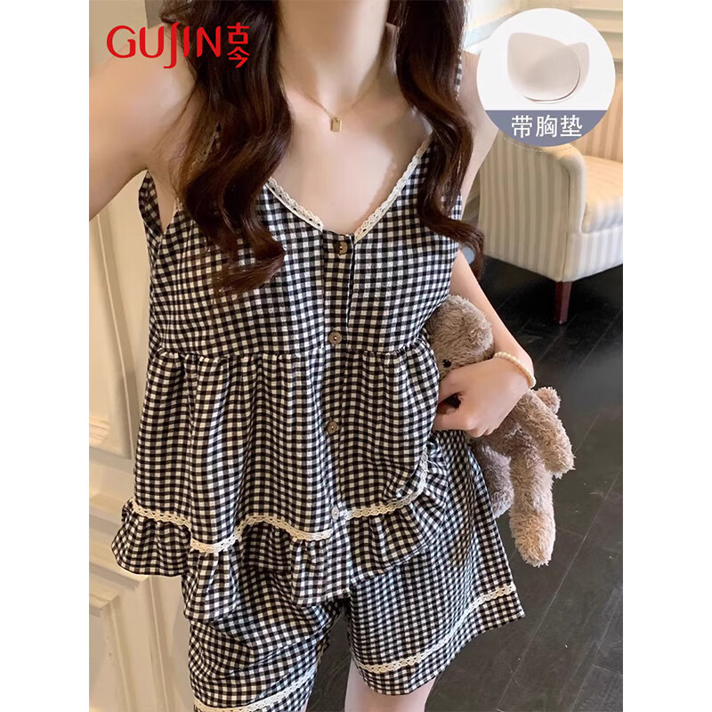 古今（GUJIN）【帶胸墊】夏季上新泡泡紗吊帶格子外穿睡衣帶胸墊睡褲甜美套裝L