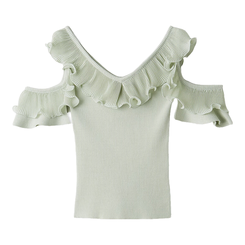 SNIDEL2025春夏新品优雅V领荷叶边露肩短袖针织衫上衣SWNT252113 薄荷绿 均码 (F)