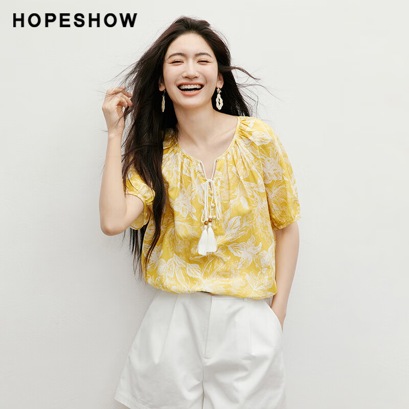 紅袖（hopeshow）碎花黃色襯衫2025新款女裝【月影夏夢】泡泡袖流蘇系帶上衣七夕 黃底花624 S