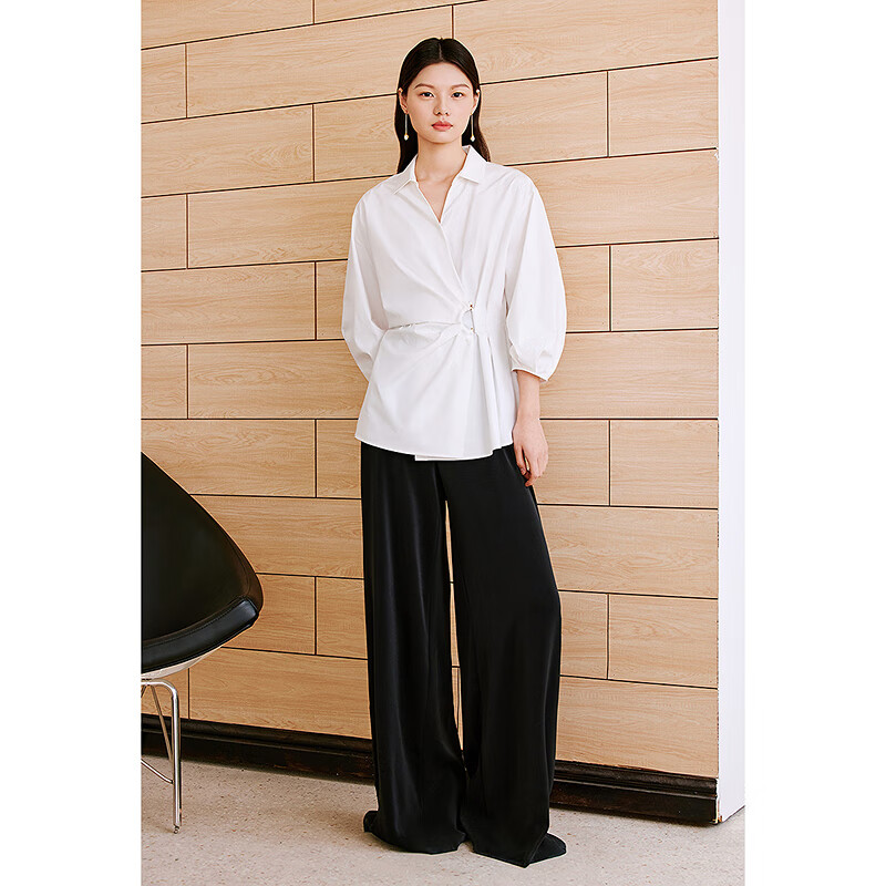 OBBLIGATO奥丽嘉朵2025夏季新款灯笼袖D字扣不对称打褶收腰衬衫 本白 S