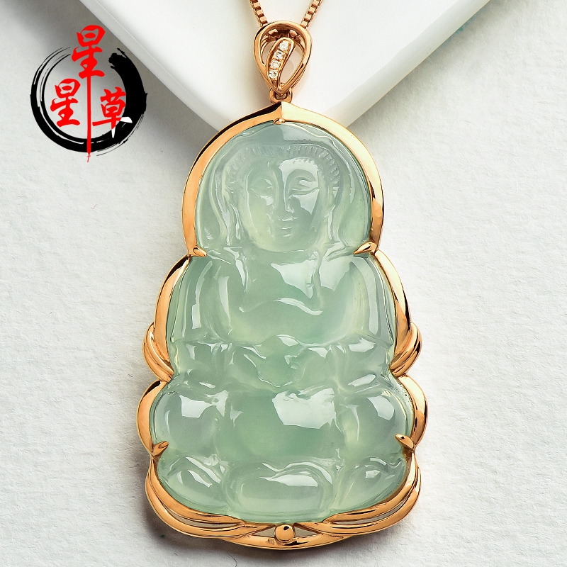 星星草18k玫瑰金镶嵌钻石项坠 冰种翡翠观音吊坠男款玉石观音玉坠项链