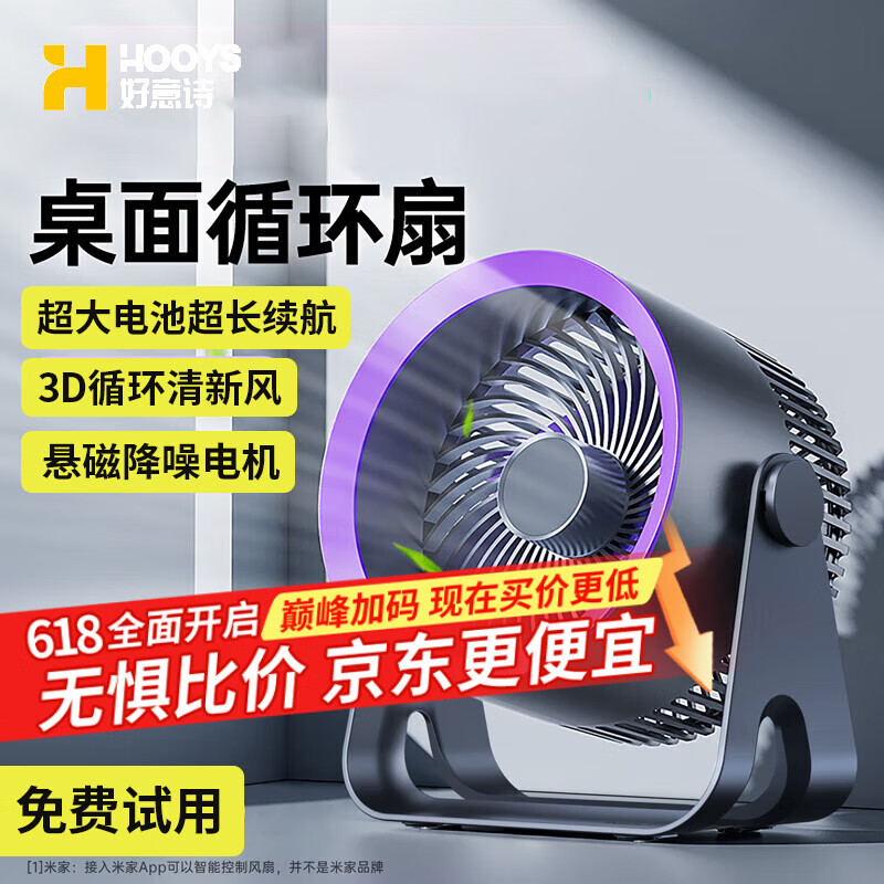 好意诗【支持米家App智能风控】桌面风宝小风扇空气循环扇宿舍学生台面办公室USB冷小风扇家用迷你电风扇 【旗舰款-灰色】五档飓风/可挂可立/充插两用