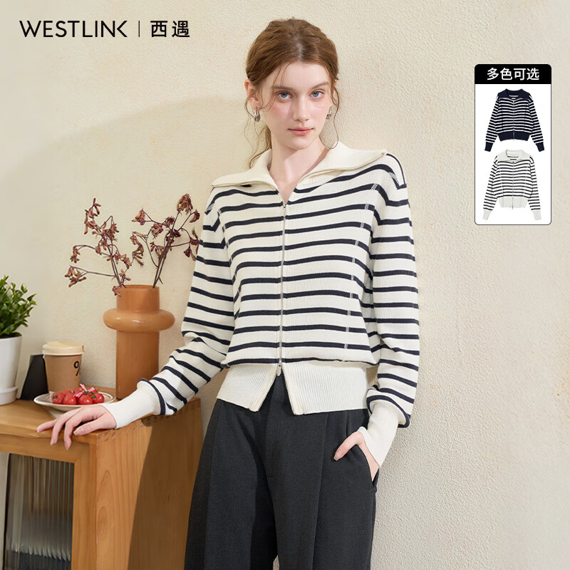 西遇（Westlink）条纹长袖针织衫女秋季新款polo领拉链宽松开衫外套 杏色 (预售15天） M (160)