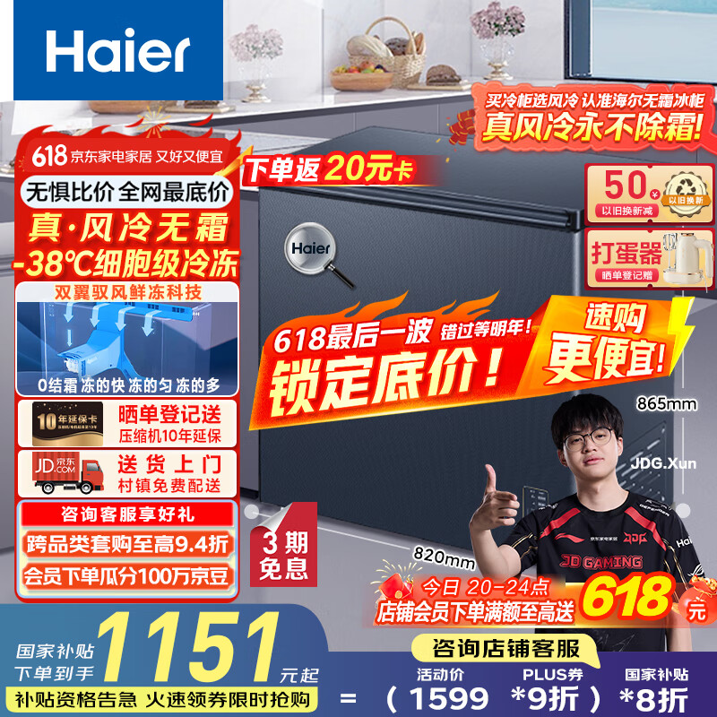 海尔（Haier）冰柜家用京东自营100升以上风冷无霜小冰箱小型冷柜-38度超低温BC/BD-159WGHED家电国家补贴20%
