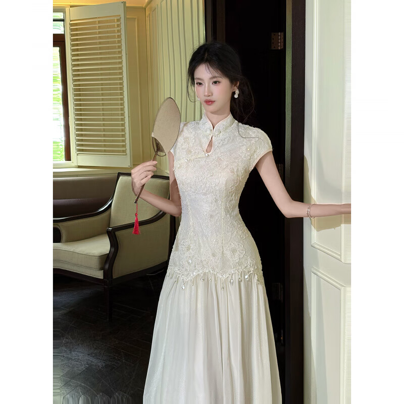 GJFDGood Job【枝慕月】新中式国风薄纱拼接连衣裙亮片蕾丝复古旗袍裙 汉玉白 S