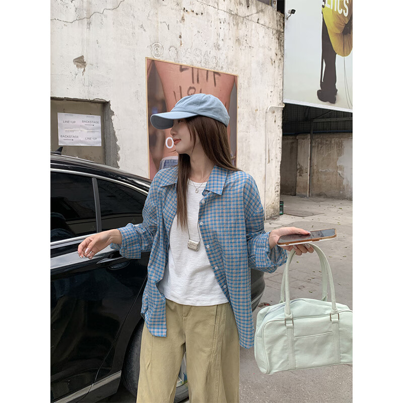 【优选】格子衬衫长袖t恤女秋季甜美独特别致显瘦宽松外套上衣 蓝色 S