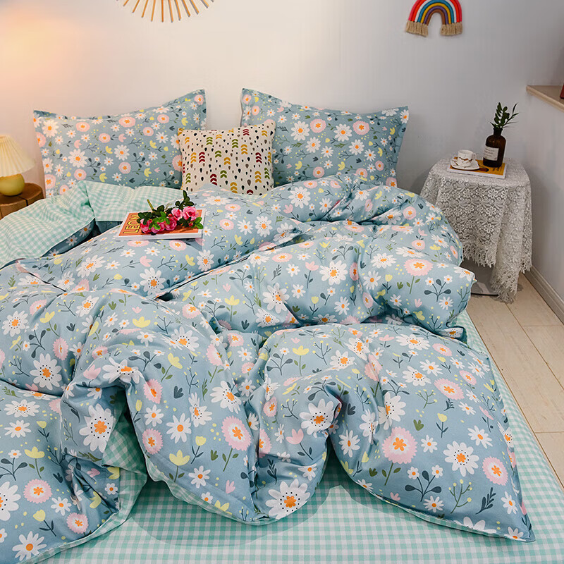 软贝 小清新四件套 透气亲肤 印花卡通简约田园套件被套床单床上用品 朵朵情怀-绿 2.0m 床单款 四件套(被套200*230cm)