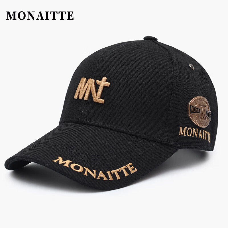 蒙奈特（MONAITTE）帽子男士秋季刺繡字母時尚棒球帽戶外釣魚爬山運(yùn)動遮陽鴨舌帽女潮 黑金色（四季款） 均碼 可調(diào)節(jié)（54-61CM）