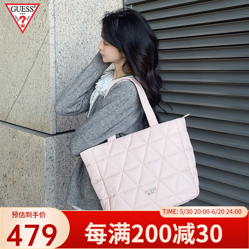 GUESS女包新款絎縫菱格單肩包大容量通勤托特包休閑手提包包 粉色
