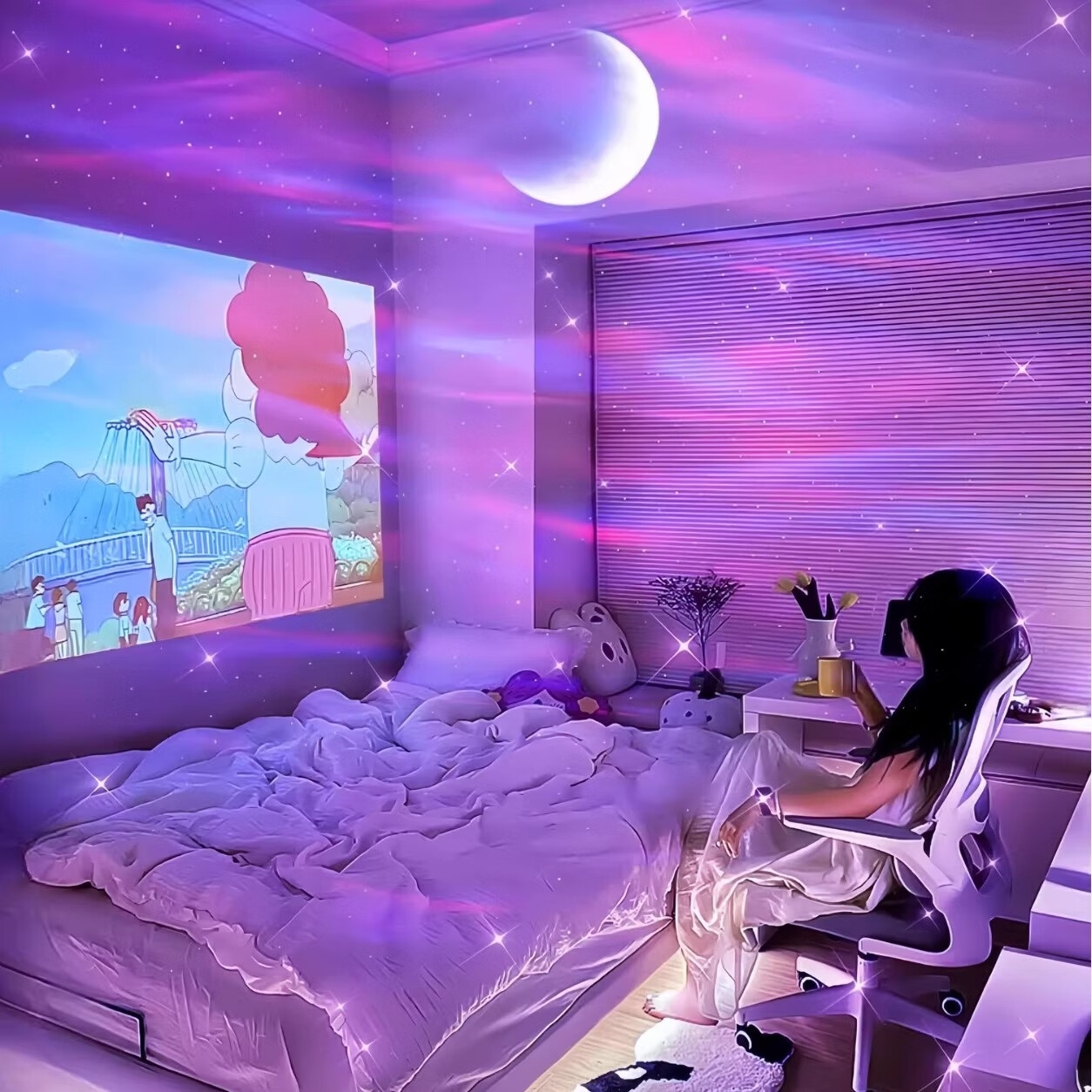 北极光星空投影小夜灯满天星卧室灯氛围感情调生日礼物女2025 白色【充电+数据线+充电头】14种 流动北极光+星星月亮+蓝牙音箱