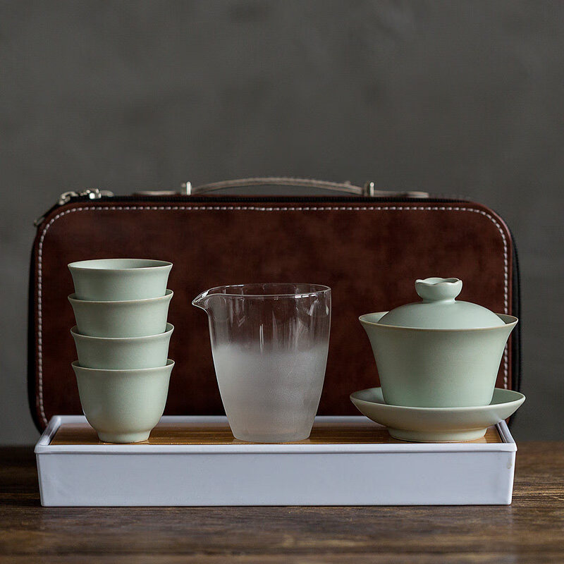 汝道（RUDAO）廠(chǎng)家直供汝窯旅行茶具茶盤(pán)套裝便攜式一壺四杯開(kāi)片 汝窯雅韻蓋碗7件套長(cháng)方盤(pán)皮箱旅行套裝