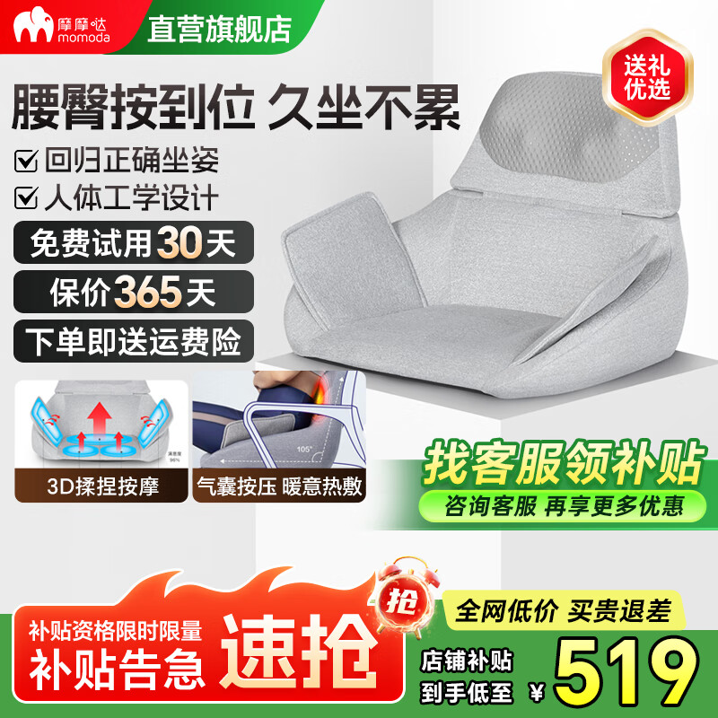 摩摩哒荣泰集团旗下按摩器按摩仪腰部按摩器腰靠腰椎热敷背部臀部公室按摩靠垫靠SX352枕送爸妈长辈礼物 浅灰色
