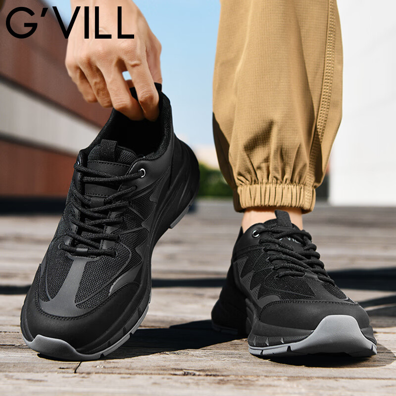 贵之步G'VILL鞋子复古时尚休闲鞋夏季新款男士运动鞋真皮百搭户外跑步鞋 黑色 （G901) 42 （皮鞋码）