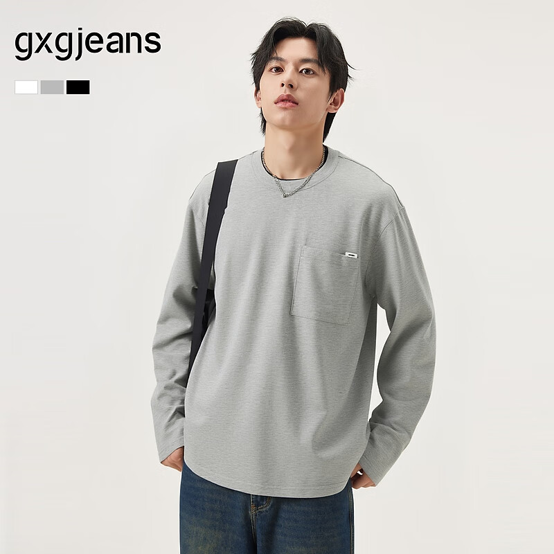 gxg.jeans男装* 多色口袋设计纯棉宽松圆领长袖T恤男 25年秋新品 麻灰色 M (170)