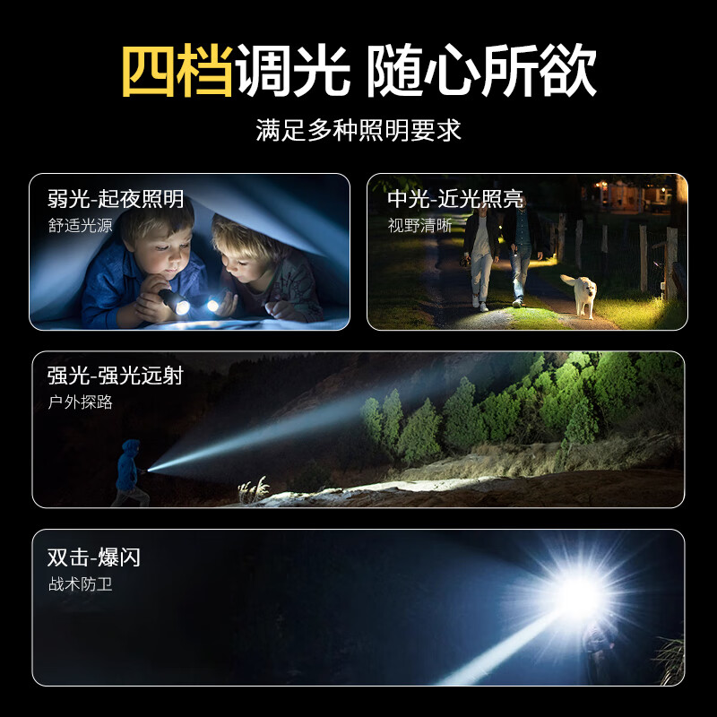 科虎强光手电筒长续航充电LED照明灯远射变焦户外露营铝合金防水手电 DS60铝合金1200流明【锂电池*2】