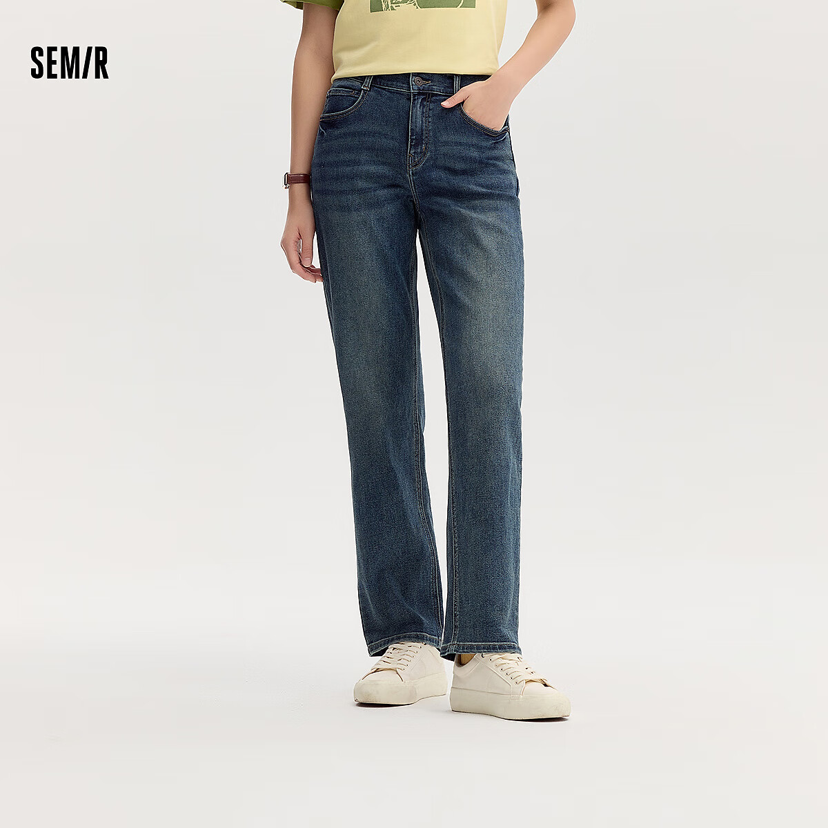 森马（Semir）牛仔|森柔牛仔裤女复古简约长裤休闲秋季半松紧腰直筒裤通勤 牛仔黄泥染80325 M