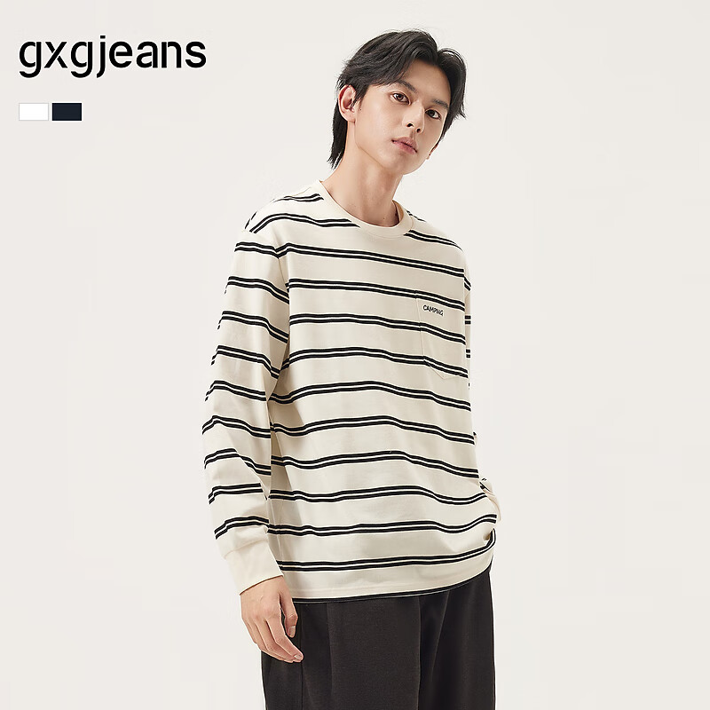 gxgjeans男装撞色条纹时尚宽松圆领长袖T恤25年秋新品 黑白条 180/XL