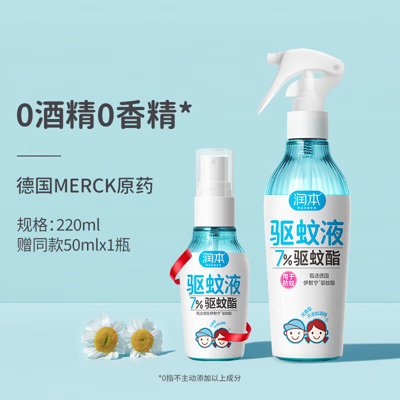 润本驱蚊液婴儿宝宝儿童户外巾专用防蚊喷雾驱蚊水花露水蚊怕水 80家庭220ml - 赠50ml