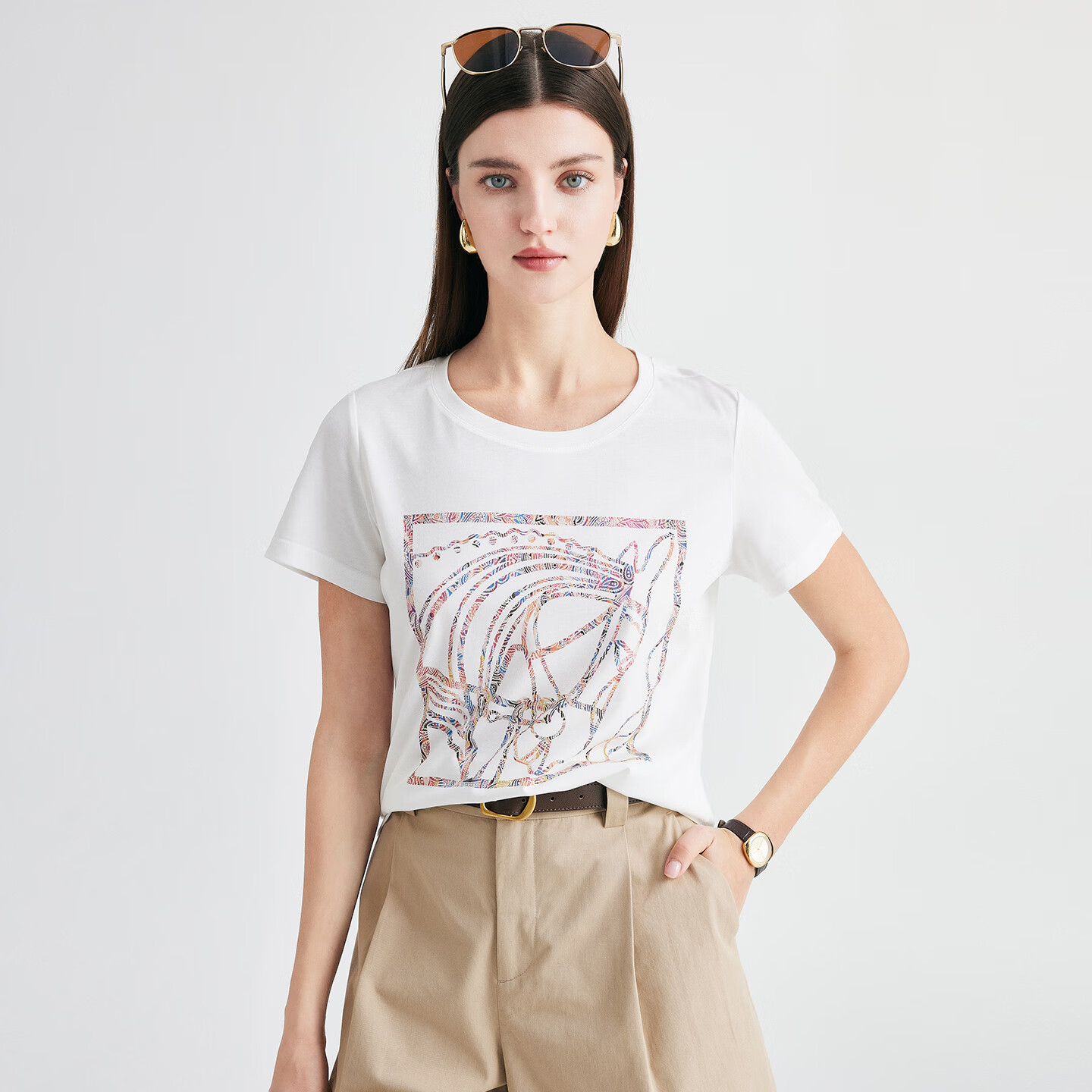 帕罗（PALUOPO）短袖印花t恤上衣女春夏桑蚕丝韩版正肩半袖莫代尔圆领百搭打底衫 白色 马头 M (160/84A)