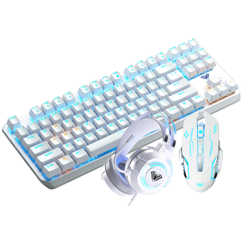 狼蛛（AULA）鍵盤鼠標(biāo)套裝有線F 87鍵機械鍵盤青軸茶軸冰藍光炫酷燈效全鍵無沖電競游戲臺式電腦筆記本pro鍵盤 銀白三件套【金屬面板+單光+不掉色鍵帽】 有線 茶軸
