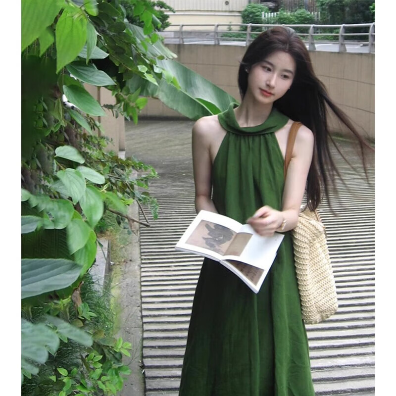 爾山集法式高級感綠色掛脖吊帶連衣裙子女春夏2025新款海邊度假氣質長裙 圖片色L（95-110）