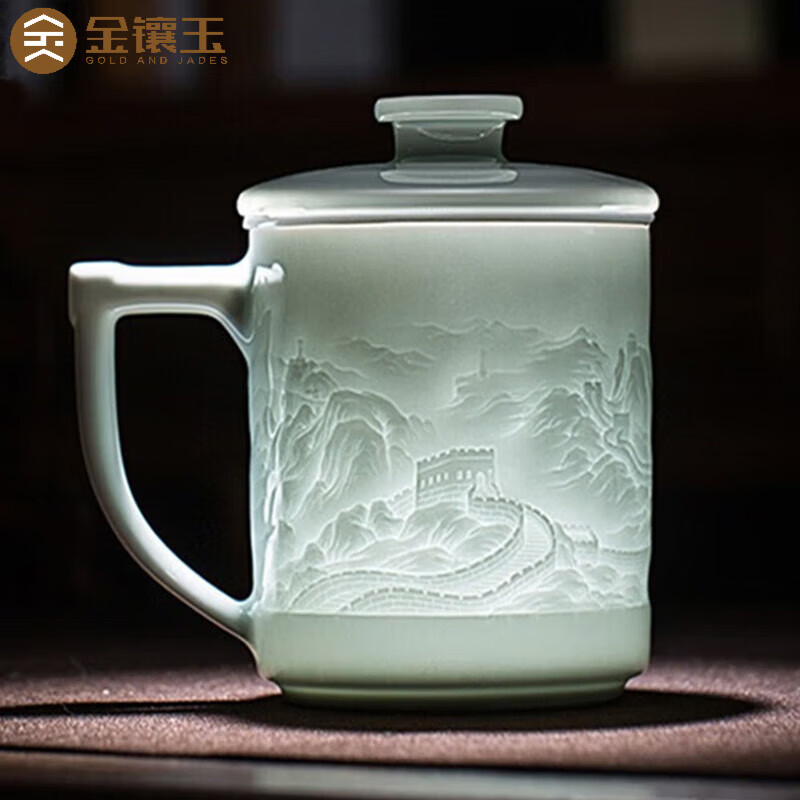 金鑲玉黃守良老師手作 景德鎮(zhèn)茶杯雕刻仿宋影青陶過濾茶帶蓋老板辦公杯 錦繡中華景德鎮(zhèn)浮雕辦公茶杯