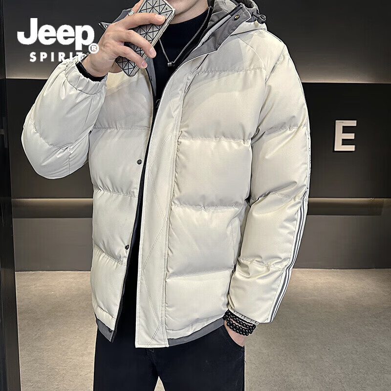 JEEP SPIRIT吉普棉衣男秋冬季新款男士连帽棉服加厚保暖外套舒适防风冬装 米白色 XL