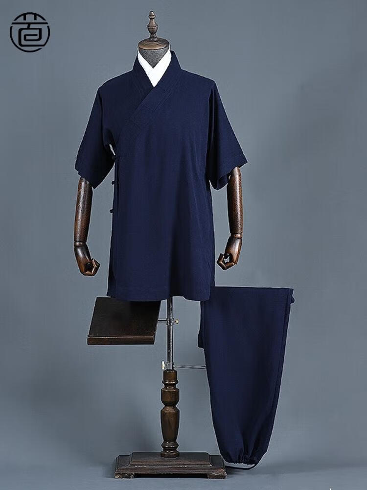 HKPK道家服装男夏季三清领道服短袖女款棉麻道士斜襟道装道袍薄款太极 藏青色套装(短.袖) S 均码